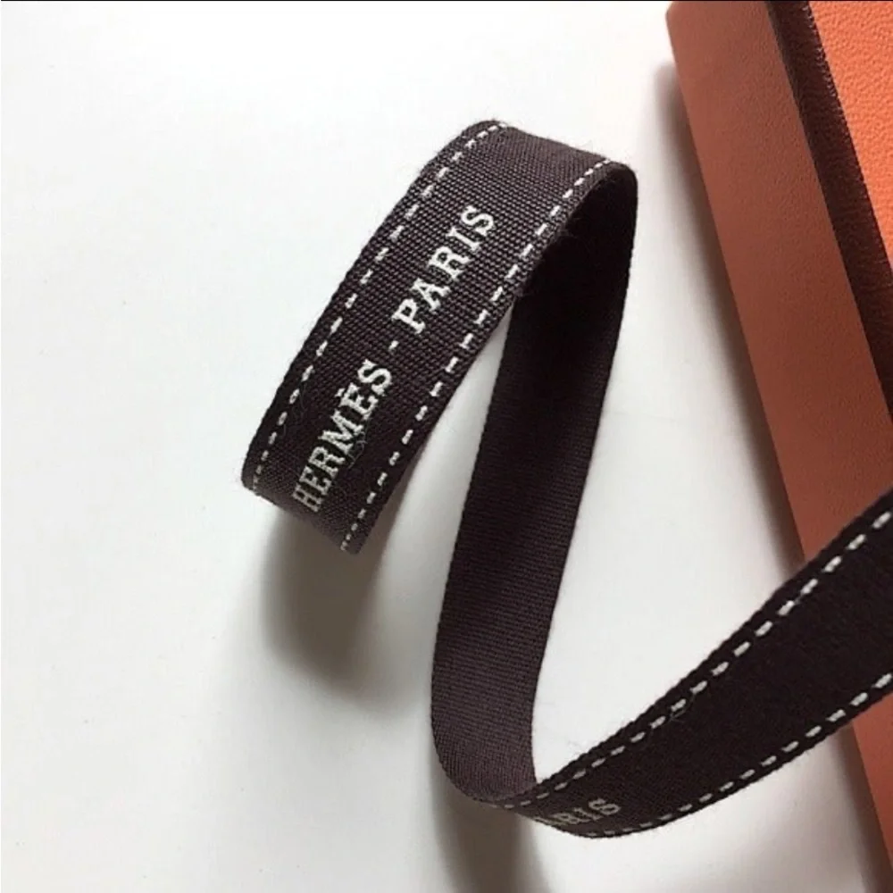 Hermes Paris Bolduc Ribbon Dark Brown White Logo Horse Carriage Authentic 1 Yard